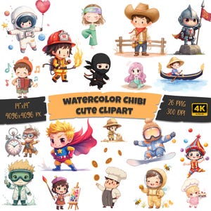 26 Watercolor Jobs Clipart PNG, Cartoon Professions Graphics, Career Illustration, Astronaut Digital Prints, Instant Download, Scrapbooking