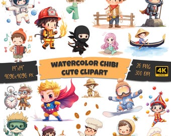 26 Watercolor Jobs Clipart PNG, Cartoon Professions Graphics, Career Illustration, Astronaut Digital Prints, Instant Download, Scrapbooking