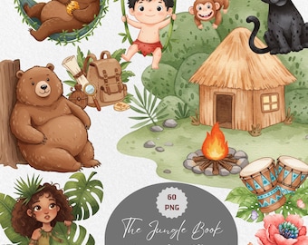 Watercolor Jungle Book Clipart – Hand Painted Wild Animal PNG, Jungle Adventure Illustrations, Storybook-Inspired Digital Art Set
