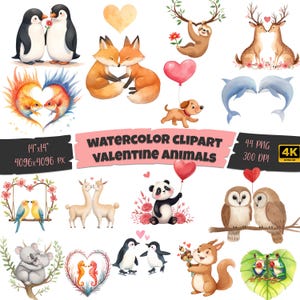 Watercolor Valentine Animal Couple Clipart Bundle, 44 Cute Romantic Animal PNG, Watercolor Animals, Animal Sublimination, Commercial Use