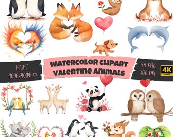 Watercolor Valentine Animal Couple Clipart Bundle, 44 Cute Romantic Animal PNG, Watercolor Animals, Animal Sublimination, Commercial Use