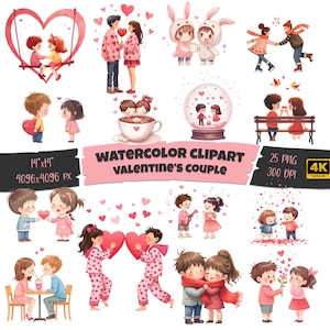 Watercolor Cute Couple Clipart, 25 Love Couple Clipart, Valentine Couple, Lovers, Romantic Teens, Digital download, PNG, Scrapbooking