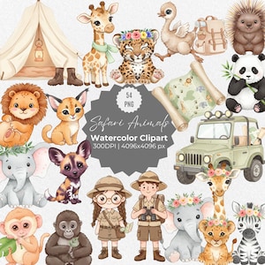 Watercolor Safari Animals Clipart, Jungle Wild Animals PNG, Hand-Painted Baby Safari Art, Cute Safari Animal Illustrations, Digital Download