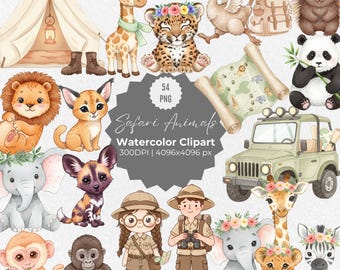 Watercolor Safari Animals Clipart, Jungle Wild Animals PNG, Hand-Painted Baby Safari Art, Cute Safari Animal Illustrations, Digital Download