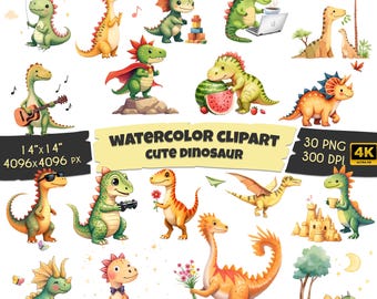 30 Cute Dinosaurs Clipart Bundle, Cartoon Dinosaur PNG, Baby Dinosaur, Printable Watercolor clipart, Baby nursery decor, High Quality PNGs