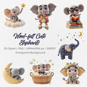 20 niedliche Elefant Clipart, Wollfilz Baby Elefant PNG, Elefant Babyparty, Kindergarten-Elefanten-Paket, kommerzielle Nutzung
