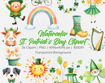 St Patricks Day Clipart, Watercolor Lucky Clover PNG, Cottagecore, Shamrock PNG, Patrick animal png, Scrapbooking, Commercial use