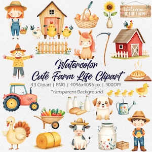 Watercolor Cute Farm Clipart – Hand Painted Farm Animals PNG, Rustic Barnyard Illustrations, Country Farmhouse Digital Art Set