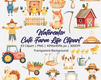 Watercolor Cute Farm Clipart – Hand Painted Farm Animals PNG, Rustic Barnyard Illustrations, Country Farmhouse Digital Art Set