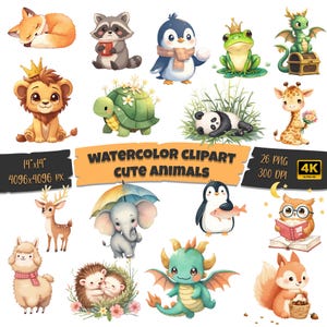 Clipart de animais fofos em aquarela – Criaturas da floresta pintadas à mão PNG, ilustrações de animais adoráveis, arte de berçário, download digital