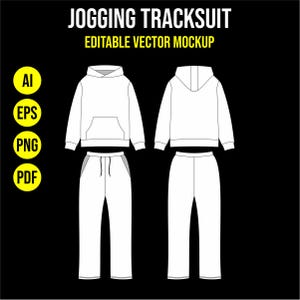 Op de afbeelding: Witte joggingpak mockup op een zwarte achtergrond. Het joggingpak bevat een hoodie met een voorzak en een bijpassende joggingbroek. De tekst "JOGGING TRACKSUIT" en "EDITABLE VECTOR MOCKUP" staan bovenaan. Pictogrammen voor AI, EPS, PNG en PDF staan links.