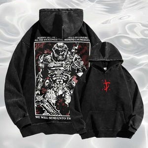 Puede incluir: Dos sudaderas con capucha negras. Una presenta un gran gráfico de un guerrero futurista con el texto "AGAINST ALL THE...ALL THE WICKEDNESS THAT MANKIND CAN PRODUCE...WE WILL SEND UNTO TH". La otra tiene un símbolo rojo en el pecho.