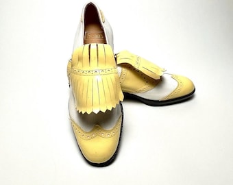 Vintage 60s Sears DuPont Corfam Wingtip Kiltie Golf Shoes Yellow White Men’s 9D