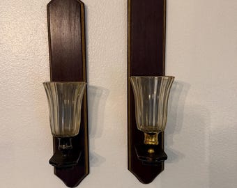 Vintage Wooden Wall Mount Sconces with Glass set of Two