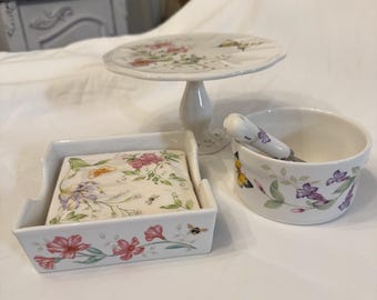 Lenox Butterfly Meadow small cake stand, napkin holder and dip bowl with spreader.  3 piece set