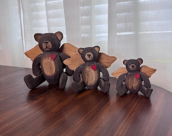 Osos ángeles de madera tallada a mano de estilo vintage con corazón rojo, juego de 3 extremidades articuladas.