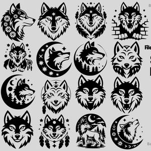 Puede incluir: Un conjunto de 16 diseños de lobos en blanco y negro, con diferentes poses y estilos. Los diseños incluyen lobos aullando a la luna, lobos con atrapasueños y lobos con estrellas. Los diseños son perfectos para usar en manualidades, scrapbooking y otros proyectos creativos. Formatos de archivo: SVG, PNG, EPS.