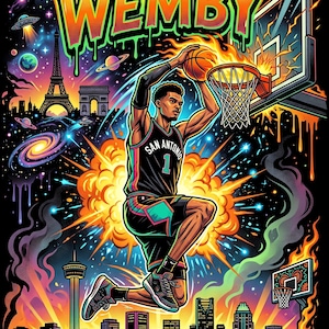 Puede incluir: Arte digital vibrante que muestra a un jugador de baloncesto haciendo un mate. La imagen incluye la palabra "WEMBY" en letras gruesas, con un fondo de paisaje urbano, elementos espaciales y la Torre Eiffel. El jugador lleva una camiseta de San Antonio.