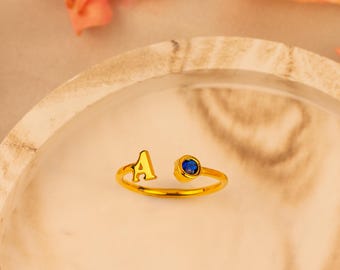 Custom Initial Birthstone Ring – Dainty Minimalist Band in Silver, Gold and Rose Gold – Personalized Gift for Mom, Bridesmaids & Birthdays