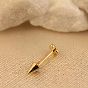 Puede incluir: Un piercing corporal dorado con un extremo cónico y una parte trasera en forma de flor. La joya se encuentra sobre un fondo beige neutro con una textura suave y borrosa.
