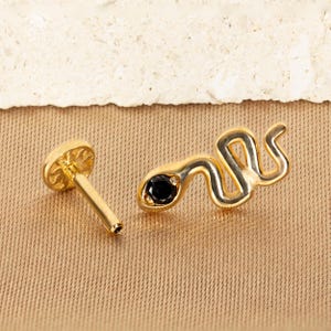 14K Solid Gold Snake Piercing, Gold Stud Earrings, Tragus Piercings, Cartilage Earrings, Dainty Earrings, Gifts For Her, Cute Earrings.