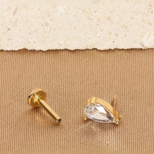 14K Solid Gold Pear Cut Gemstone Piercing, Small Stud Earrings, Helix Piercings, Flat Back Stud, Minimalist Piercing, Gifts For Her, Jewelry