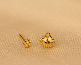 Piercing de concha de oro macizo de 14 quilates: delicado pendiente tipo botón con forma de océano