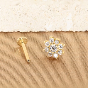 14K Solid Gold Stone Flower Piercing, Conch Earring, Cartilage Earrings, Flat Back Studs, Tiny Stud  Earrings, Gifts For Her,Tragus Piercing