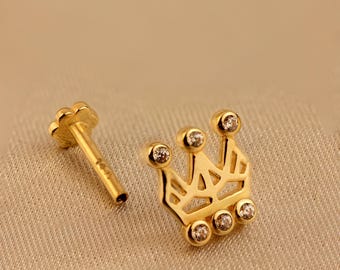 Piercing de corona de oro de 14 quilates: delicado pendiente de circonita cúbica, pendiente para hélix y trago