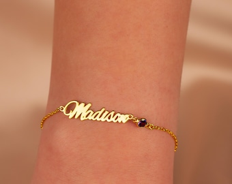 Personalized Birthstone Name Bracelet: Engraved 925 Silver, Handmade