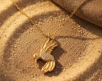 Collar de colibrí de oro macizo de 14 k - Dije de pájaro delicado
