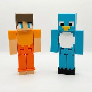 May include: Two block-style figures. One figure has brown hair, blue eyes, an orange shirt, and orange trousers. The other figure is a blue bird with a white chest and a yellow beak. Both figures are standing upright.