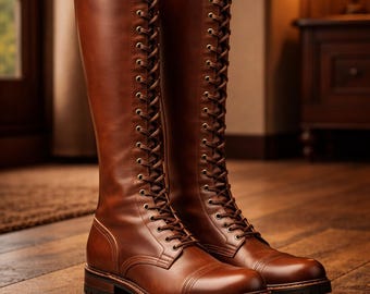 Men’s Brown Leather Knee High Boots – Lace Up Military Style Boots – Handmade Combat Riding Boots – Durable Work Boots – FREE Socks Included