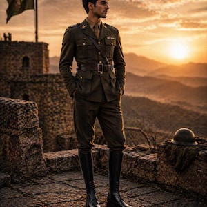 May include: A man in a military uniform stands on a stone structure at sunset. The olive green uniform includes a jacket, trousers, and tall black boots. A brown belt and shoulder strap are visible. A helmet rests on a stone wall.