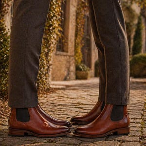 Puede incluir: Dos pares de botines Chelsea de cuero marr&oacute;n con paneles laterales el&aacute;sticos. Las botas se usan con pantalones marrones oscuros. La imagen est&aacute; tomada al aire libre en un camino adoquinado, con un fondo borroso.