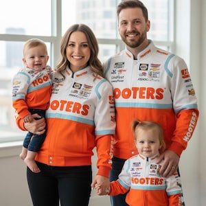 May include: A family of four wearing matching white, orange, and blue racing jackets with the word "HOOTERS" prominently displayed. The jackets have various sponsor logos. The family is smiling and posing for a photo.