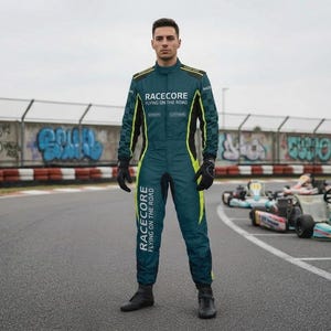 以下が含まれることがあります： 「RACEORE FLYING ON THE ROAD」の文字が入った、ティールと黒のレーシングスーツ。 黄色のアクセント付き。ゴーカートのトラックに立つ人物と、背景にはゴーカートが写っています。 レーシングスーツです。