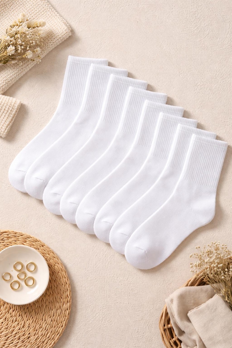 Puede incluir: Una colecci&oacute;n de siete calcetines blancos de corte cl&aacute;sico dispuestos en diagonal. Los calcetines tienen pu&ntilde;os acanalados y una textura suave y lisa. El fondo incluye elementos decorativos como una estera tejida, un cuenco peque&ntilde;o y flores secas.