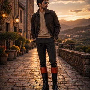 May include: A person wearing sunglasses, a brown jacket, a beige sweater, and dark trousers stands on a cobbled street. The person is wearing black boots with orange bands at the top. The background features a European town with stone buildings and street lamps.