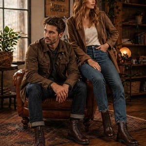 May include: A man and a woman are seated in a room, both wearing brown jackets and dark blue jeans. The man is wearing a brown jacket and boots. The woman is wearing a white top and brown jacket with brown boots. A sign on the wall reads "WORK HARD, BE KIND, STAY HUMBLE."