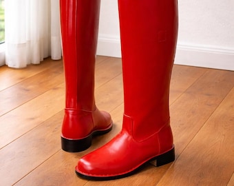 Stivale alto da ufficiale tedesco fatto a mano / Pelle rossa, punta tonda, stile militare vintage con calzino in omaggio