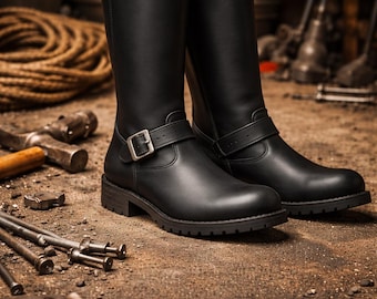 Handmade Schwarz Leder Engineer Long Boot | Klassischer Motorrad-Reitstiefel für Herren | Vintage Biker Schnalle Stiefel mit ( Gratis Socken)