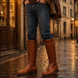 May include: Brown leather knee-high boots with a buckle detail. The boots are worn with blue jeans and a brown jacket. The image is taken on a wet, cobbled street.