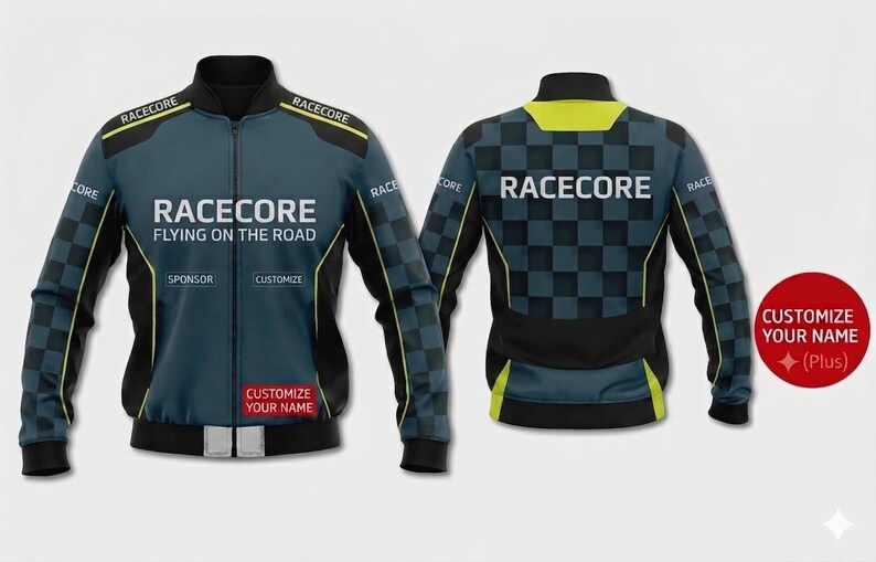 以下が含まれることがあります： 「RACECORE」と「FLYING ON THE ROAD」の文字が入った、ティールと黒のレーシングジャケット。袖と背中にはチェック柄、イエローのアクセント。前面には「SPONSOR」と「CUSTOMIZE」の文字があります。