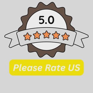 以下が含まれることがあります： 5.0の評価と5つの星が表示された、茶色、白、オレンジ色のバッジのグラフィック。星の付いたバナーは、「Please Rate US」というテキストが入った黄色の長方形の上にあります。