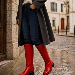 May include: A person wearing a dark grey coat, a cream-coloured jumper, and dark blue jeans. The person is wearing bright red knee-high boots with a low heel. The boots are the focal point of the image.