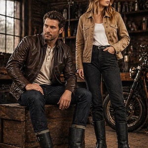 May include: A man and a woman in a workshop setting, both wearing leather jackets and black boots. The man is seated on a wooden crate. The woman is standing. The jackets are brown, and the jeans are dark blue. The boots are knee-high.