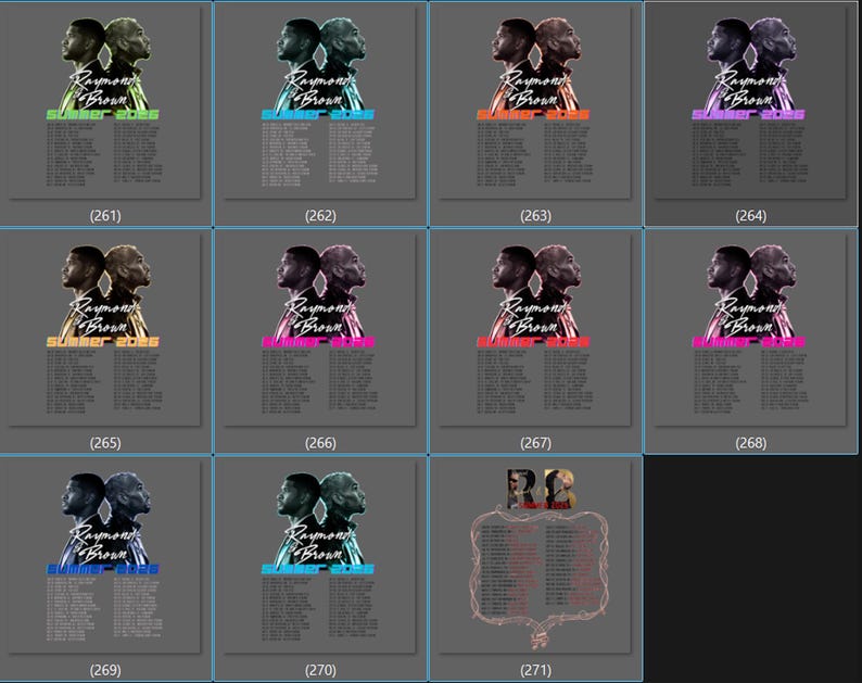 May include: A collection of eleven square graphic designs on a gray background, each featuring two profile silhouettes of men facing away from each other, the text Raymond & Brown, and the text SUMMER 2025 in various colors above a list of tour dates.