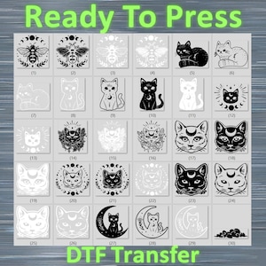 May include: A grid of DTF transfer designs featuring various black and white illustrations. The designs include bees, cats, and celestial elements like moons and stars. The text "Ready To Press" and "DTF Transfer" are displayed.