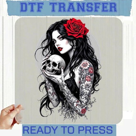 Gothic Woman Skull DTF Transfer, Dark Floral Tattoo Apparel Design